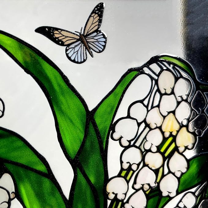8'' Lily of The Valley and Butterflies Stained Glass Panel Suncatcher Window Hanging – Square Decorative Art for Home, Office, and Garden – Handcrafted Real Glass with Metal Frame