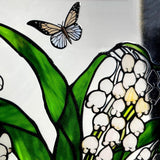 8'' Lily of The Valley and Butterflies Stained Glass Panel Suncatcher Window Hanging – Square Decorative Art for Home, Office, and Garden – Handcrafted Real Glass with Metal Frame