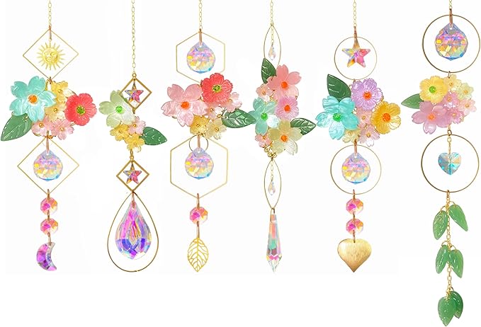 6 Pieces Flowers Ball Crystals Suncatcher Hanging Sun Catchers with Chain Pendant Ornament Crystal Prisms Rainbow for Window Decoration Gift (Gold)