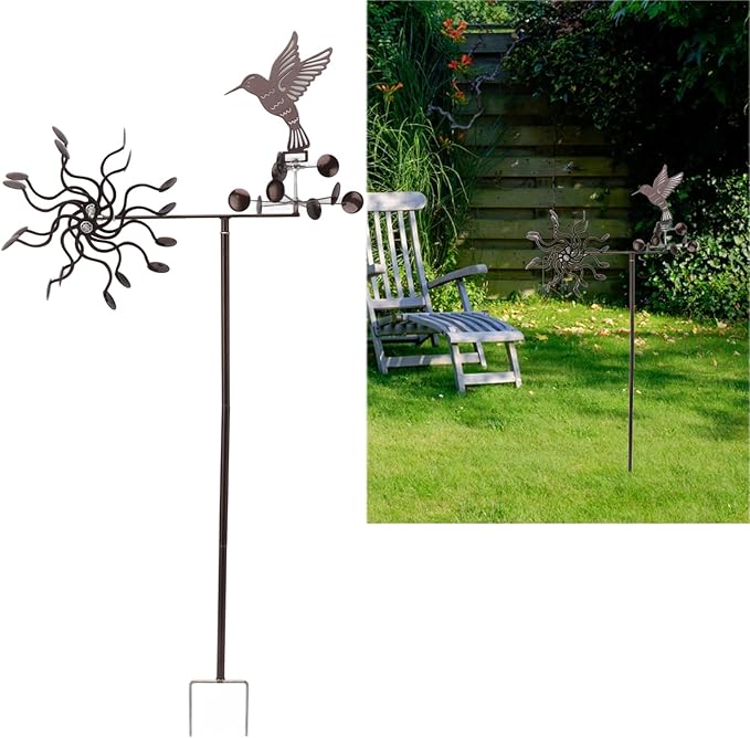 Hummingbird Iron Wind Spinner, Vintage Metal Windmill Sculpture, Outdoor Garden Lawn Ornament with Stable Rotation, Sturdy Premium Iron for Long Lasting Decor