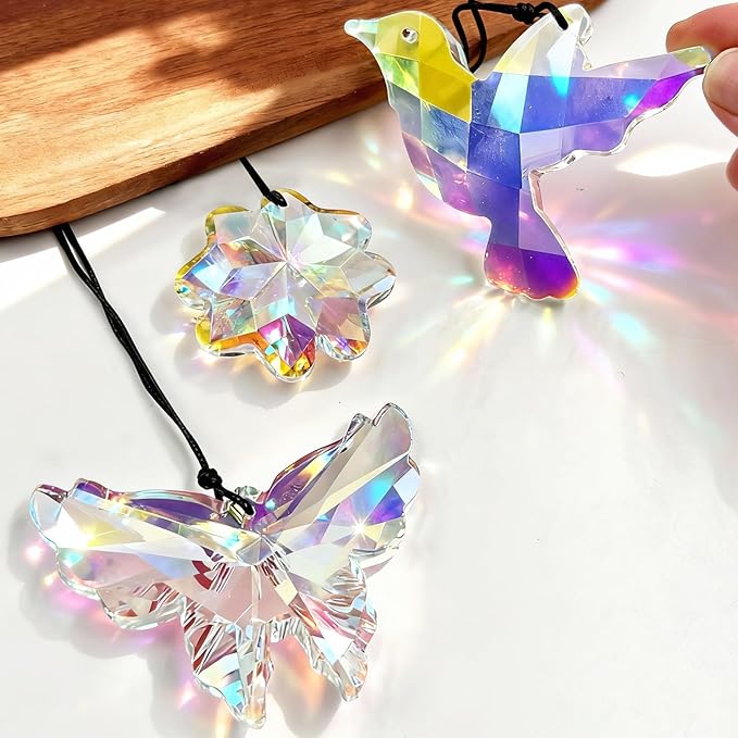 SNAIL GARDEN 3PCS Crystal Prism Suncatcher - Butterfly, Bird & Lucky Four-Leaf Clover, 1.69-3.35in Sun Catcher Crystals, Hanging Crystals for Windows, Patio, Yard, Home Garden