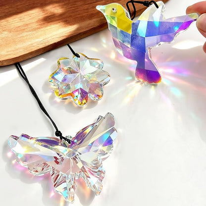 SNAIL GARDEN 3PCS Crystal Prism Suncatcher - Butterfly, Bird & Lucky Four-Leaf Clover, 1.69-3.35in Sun Catcher Crystals, Hanging Crystals for Windows, Patio, Yard, Home Garden