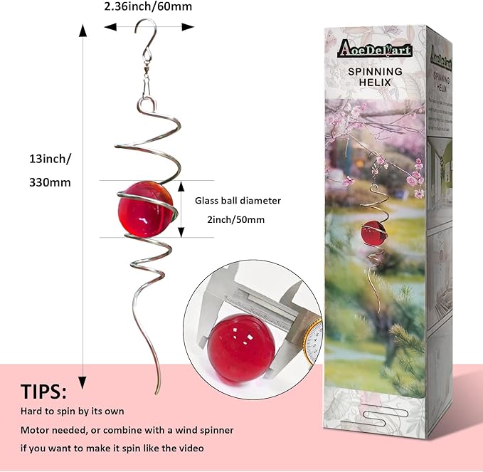 Aoedelyart Gazing Ball Spiral Decorative Wind Spinner Stabilizer Sun Catcher 11inch Tail and 2 inch Glass Orb. Indoor Outdoor Garden Decoration Wind Sculptures Wind Spinner Tail-13 inch Height (Red)