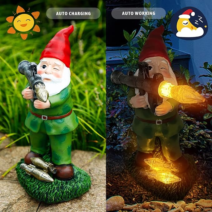 Solar Military Garden Gnome Statue with RPG, Large War Army Combat Defender Soldier Patriotic Gnome Figurine with Gun, Outdoor Patio Yard Lawn Home Ornament Decor, Valentine's Day Men Gift