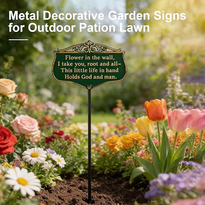 Metal Garden Signs for Outside, "The Kiss of The Sun" Double-Sided Vintage Green Metal Poem Plaque with Stake, Personalized Outdoor Garden Sign for Patio Yard Lawn Backyard Porch Decor