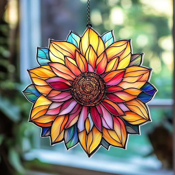 Colorful Sunflower Acrylic Suncatcher, Boho Suncatchers for Window Hanging Ornament, Stained Glass Effect Art Garden Decor for Flower Lover, Gifts for Mother's Day, Mom, Grandma, Wife, Women, Nana