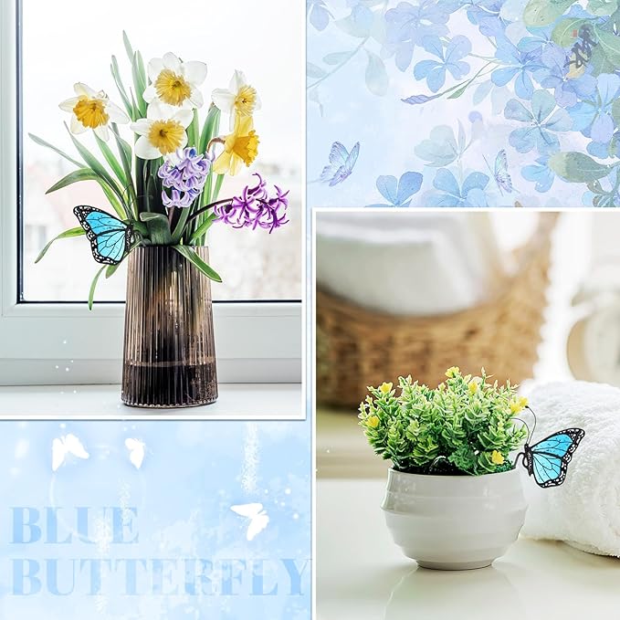 Geelin 1 Pc Stained Glass Butterfly Suncatcher Flower Pot Decoration Metal Plant Pot Hangers Colorful Garden Yard Suncatcher Decor for Spring Home Indoor Outdoor Decor(Blue)