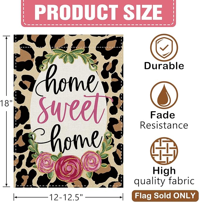 Dyrenson Home Sweet Home Leopard Print Decorative Garden Flag, Cheetah Rose Flower Yard Outside Home Decoration, Floral Burlap Outdoor Small Decor Double Sided 12 x 18