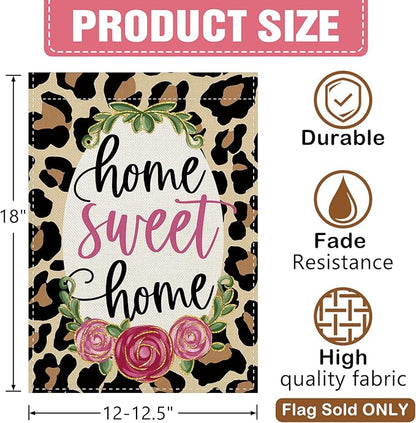 Dyrenson Home Sweet Home Leopard Print Decorative Garden Flag, Cheetah Rose Flower Yard Outside Home Decoration, Floral Burlap Outdoor Small Decor Double Sided 12 x 18