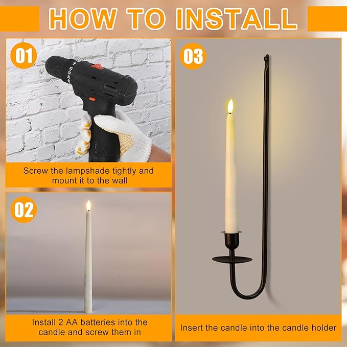 Tessco for you Metal Wall Mount Candle Sconces with 9.6" LED Flameless Taper Candles and Remote Timer 16.5" Wall Hanging Sconces Set for Living Room Fireplace Hallway Stairway(Black,4 Set)