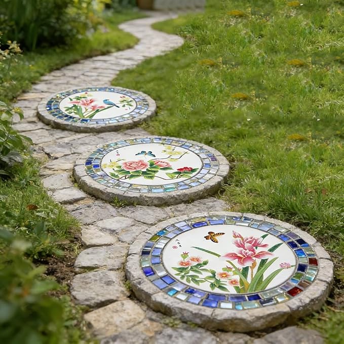 GZHERVICES Garden Stepping Stones for Landscaping Arrangements, Lawn Stepping Stones for Gardens, Outdoor Decorative Accents, Handcrafted Outdoor Lawn Pathway Ornaments(Multi-Colored-B)