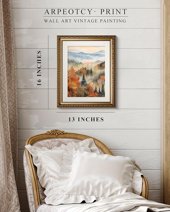 ARPEOTCY Vintage Gold Framed Wall Art, 13x16 inch Classical Fall Forest Autumn landscape Paintings, Canvas Prints Artwork with Antique Frame, Victorian Wall Picture Decor for Gallery Living Room