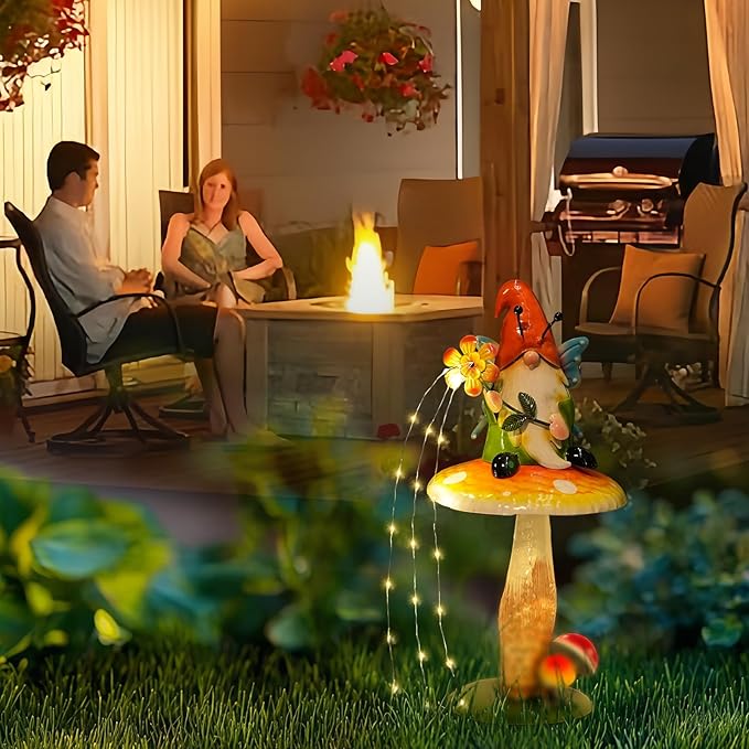 HONGLAND Solar Garden Gnome Figurine, Waterproof Outdoor Mushroom Decor with Solar Outdoor Lights for Yard, Patio, Lawn Ornaments, Ideal Gifts for Mom Grandma Women, Housewarming Gifts-16.5"