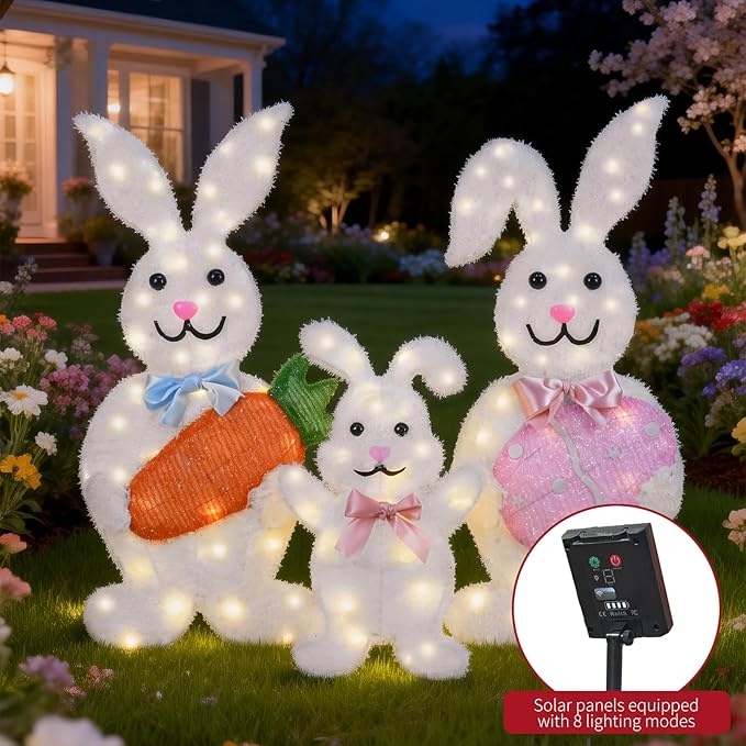 Outdoor Solar Easter Bunny Yard Decorations, Lighted Metal Bunny Family Set of 3, Pre-Lit LEDs for Lawn Garden Front Porch