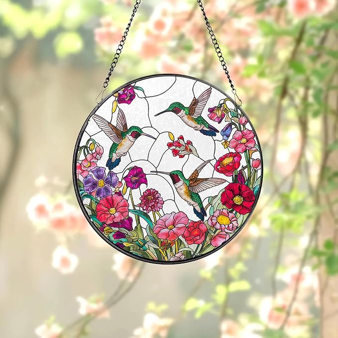 Stained Glass Window Hanging Sun Catcher 7.8 in, Colorful Hummingbird Flowers Glass Panel Suncatcher for Indoor Window Decor, Home Garden Gift for Women, Men, Wife, and Mom