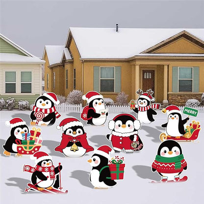 10-Piece Christmas Penguin Yard Signs with Stakes Decorations – 10 Assorted Designs 12 Inches Large Holiday Penguin Signs for Outdoor Garden and Lawn Winter Party Favor