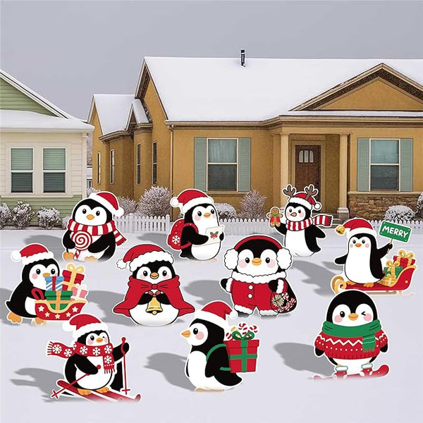 10-Piece Christmas Penguin Yard Signs with Stakes Decorations – 10 Assorted Designs 12 Inches Large Holiday Penguin Signs for Outdoor Garden and Lawn Winter Party Favor