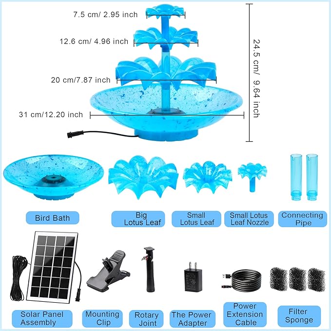 Yeomi 3-Tier Solar Fountain Pump with LED Lights, 24H Outdoor Water Feature, Detachable Design, Multi-Function Bird Bath Water Fountain for Garden Patio Yard Backyard Pond, 3.5W