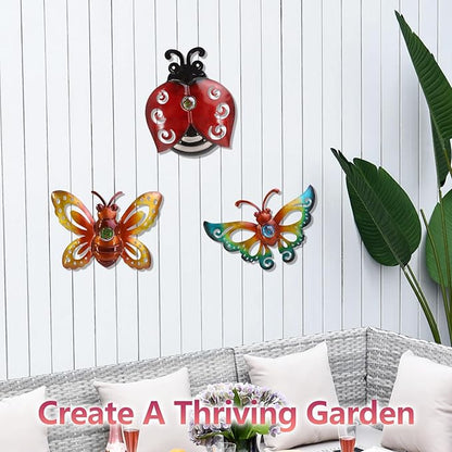 Garden Decor Butterfly Ladybug Bee Metal Wall Art Decor, Wall Decoration Hanging for Home Garden Porch Patio Balcony Ornament for Outdoor Gift, 3 Pack 9 Inch