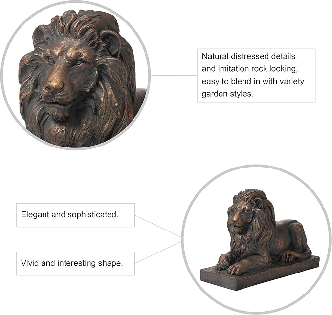 Glitzhome GH20388 Guardian Lion Garden Statue Outdoor Sculpture Decorative, Bronze, 21.75" L x 15.25" H