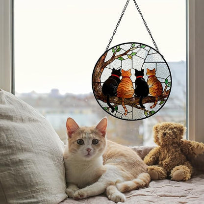 Black and Orange Cat Tree Stained Glass Window Hanging, Four Cats on Tree Branch Suncatcher Indoor Window Glass Round Wall Art Decor, 7.9x7.9 Inch