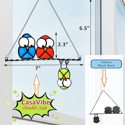 Multicolor Owls on a Wire High Suncatcher Panel, Bird Suncatcher for Windows Panels Hangings Hummingbird Glass Decoration for Wall Home Garden Decor Bird Owl Gift for Owl Lovers