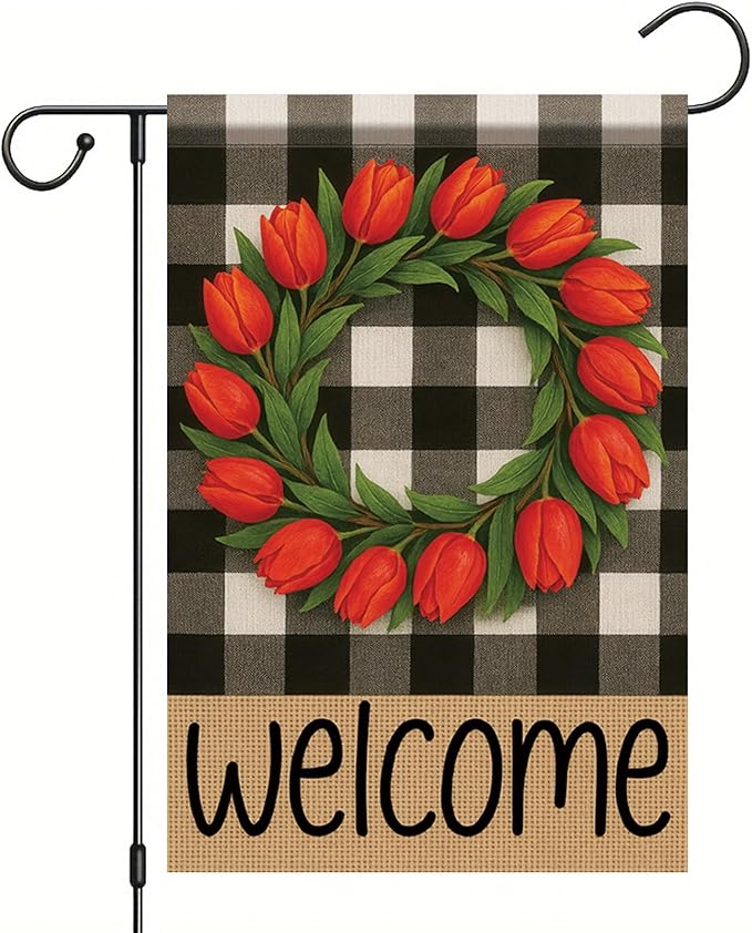 Buffalo Plaid Welcome Wreath Garden Flag 12x 18 Inch Double Sided Tulip Flower Flag Spring Outdoor Fall Autumn Farmhouse Outdoor Small Decor for Porch Lawn Patio Yard