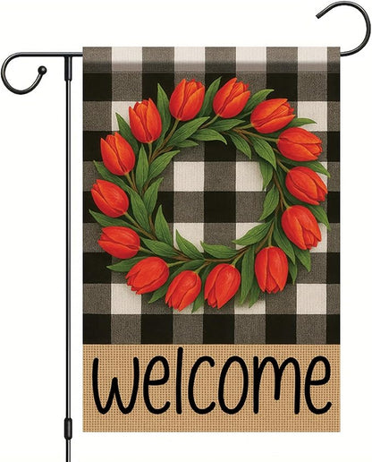 Buffalo Plaid Welcome Wreath Garden Flag 12x 18 Inch Double Sided Tulip Flower Flag Spring Outdoor Fall Autumn Farmhouse Outdoor Small Decor for Porch Lawn Patio Yard