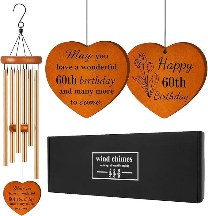 60th Birthday Gifts for Women, 25.5" Aluminum Wind Chimes for Outside with Heart Catcher, Unique Birthday Gifts for Mom, Grandma, Sister, Wife & Friend, Soothing Tone Wind Chime for Home Decor