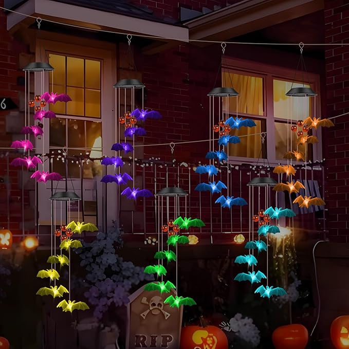 Bat Solar Lights Wind Chimes for Outside Garden Decoration, Color Changing Halloween Lights Wind Chimes with Pumpkin Bells, Bat Solar Chimes Outdoor Waterproof for Garden Patio Yard Porch Party Decor