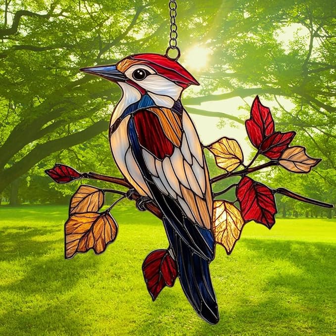 Red Woodpecker Acrylic Suncatcher Stained Glass Effect Window Car Hanging Christmas Ornament Indoor Outdoor Decor Garden Sun Catcher Panel for Acrylic Suncatcher Lover for Women Mom Grandma