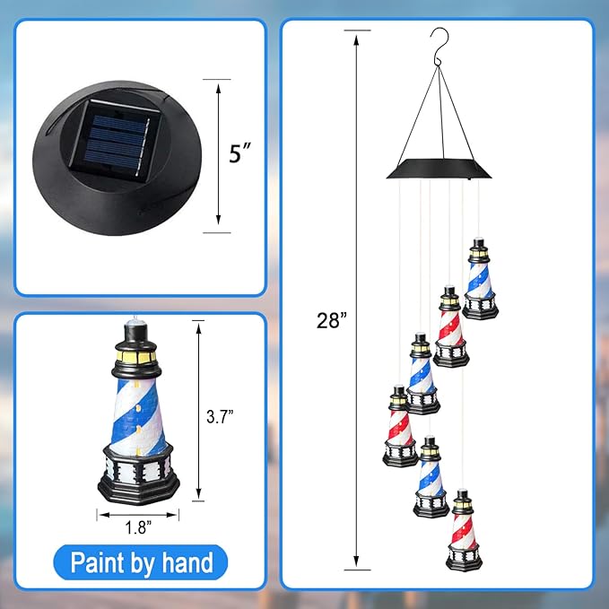 Solar Lighthouse Wind Chimes,YY Gardenia Hanging Lights Outdoor Garden Decoration,Lighthouse Gifts for Women,Yard,Outside,Porch,Patio