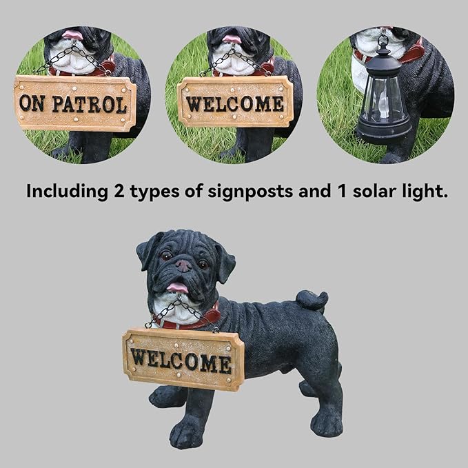 Black Pug Front-Door Greeter with Solar Lantern & Double-Sided Sign, Standing Pug Yard Statue for Planters, Walkways & Porch Seating