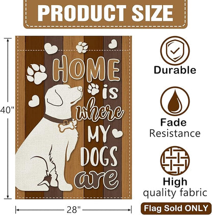 Dyrenson Home is Where My Dogs are 28 x 40 House Flag Double Sided, Pet Paw Print Garden Yard Decoration Dog Owner Lover Gifts, Farmhouse Rustic Burlap Outdoor Decor Decorative Large Flag