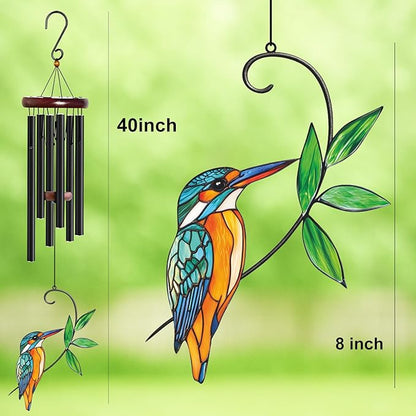 Personalized Metal Wind Chime Garden Sign, 40 Inch Outdoor Colorful Bird & Flower Memorial Decor, Yard Hanging Plaque for Patio Porch Lawn (JSTY371)