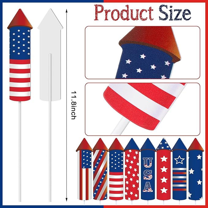 CroBlissful 8 Pcs 4th of July 250th Garden Stake Metal USA Flag Yard Sign Patriotic Decor for Independence Day Memorial Day Metal Plant Stick Outdoor Lawn Garden Home Yard Decorations(Rockets)