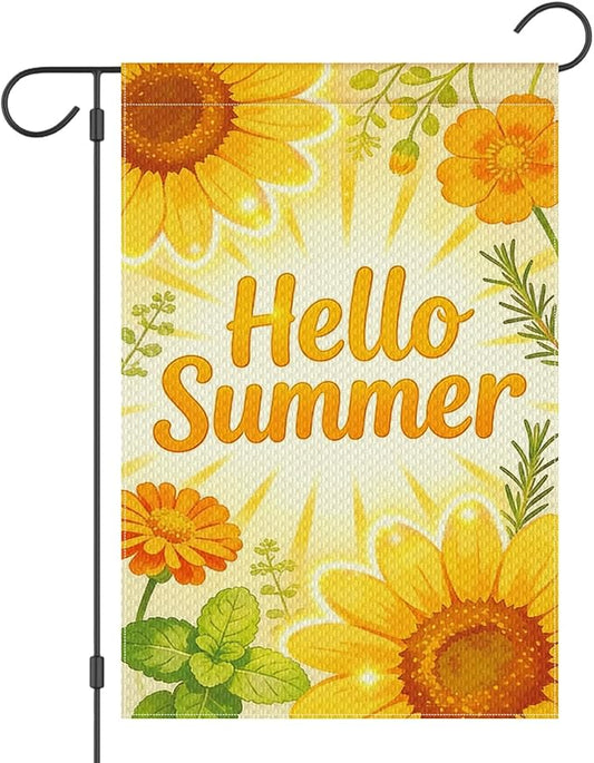 Hello Summer Sunflower Garden Flag 12x18 Inch Double Sided Bright Yellow Seasonal Outdoor Flag for Patio Porch Yard Decor