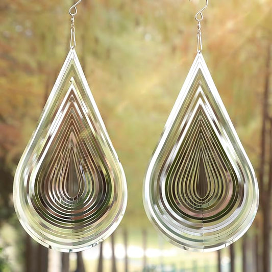 Wind Spinner Flowing-Light Effect Courtyard Decorations Made of Stainless Steel House Hanging Decoration 12“x 8“ Spinners with a 360° Rotating Hook (2 pcs Water Drop-Silver)