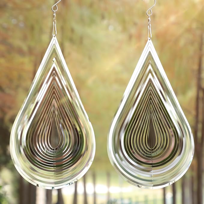 Wind Spinner Flowing-Light Effect Courtyard Decorations Made of Stainless Steel House Hanging Decoration 12“x 8“ Spinners with a 360° Rotating Hook (1 pc Water Drop-Silver)