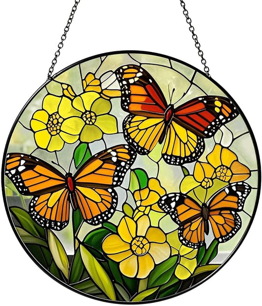 Butterfly with Flowers Sun Catcher Stained Glass Window Hanging for Women Butterfly Decor Handmade Sun Catcher Decoration for Garden Home Housewarming Gifts, 7.87inch