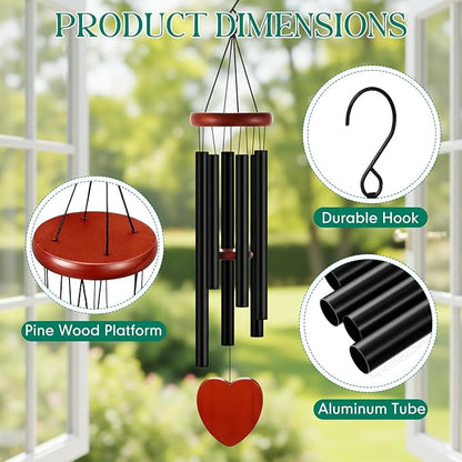 Leinuosen Wind Chimes for Outside Wind Chimes Outdoors Deep Tones 28" with 6 Aluminum Tubes Memorial Sympathy Windchime for Valentine Tree Decor Garden Courtyard Mom Loved One Gifts(Heart,Black)