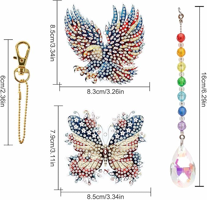 2pcs Diamond Art Painting Wind chime with Crystal pendant, DIY Eagle and Butterfly Double-sided design Special Shape Acrylic Crystal Diamond Art Ornament, Home Window Garden Hanging Pendant Decoration