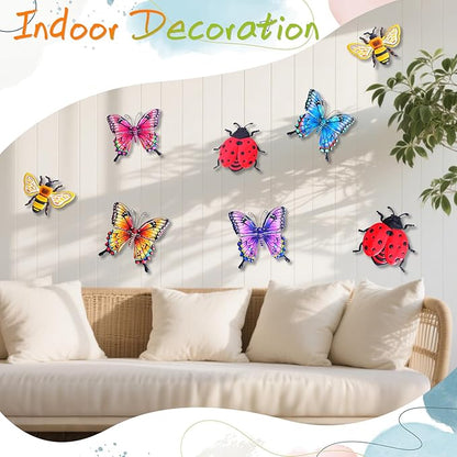 DEWEL 8 Pcs Metal Garden Decor for Outside, 3D Butterfly Ladybug Bee Outdoor Wall Decor, Outdoor Decor Wall Art, Colorful Hanging Decorations for Spring Garden Fence Patio Yard, Great Gift Choice