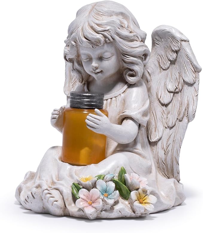 basen Solar Angel Garden Statue with Lighted Wishing Jar, Resin Outdoor Guardian Angel Figurine, Waterproof Lawn Yard Patio Decor, Memorial Sympathy Sculpture for Porch Backyard Gift