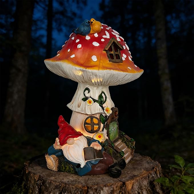 Solar-Powered Mushroom House Garden Statue–Gnome Figurine Reading Book,Vibrant Bird Accents,Weather-Resistant Resin Material,Outdoor Ornament for Yard,Patio,Lawn,Flower Bed Porch Decor