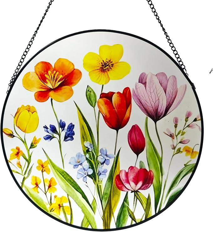 Tulip & Blossom Stained Glass Suncatcher, 9.8 Inch Stained Glass Window Hanging Watercolor Spring Flower Suncatcher for Indoor Outdoor Gifts for Mom, Women, Grandma, Wife