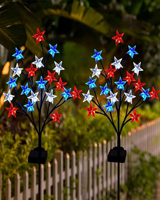 8 Piece Solar US Flag Light Set, American Flags Pole Pathway Lights, Outdoor Garden IP66 Waterproof Patriotic LED Star Stake with 8 Lighting Modes for 250th Anniversary, 4th of July Decoration