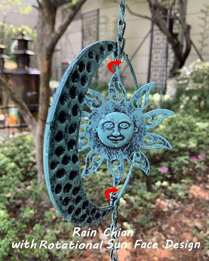 Sun and Moon Decorative Rain Chain, 8.5 Ft Rain Chains for Gutters, Metal Garden Decor Rain Chime, Functional Replacement Catcher Chains for Outside Downspouts, Rotational Sun Face Design