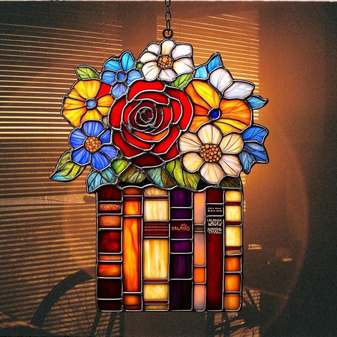 Red Rose Flowers Books Acrylic Suncatcher Stained Glass Effect Window Car Hanging Christmas Ornament Indoor Outdoor Decor Garden Sun Catcher Panel for Book Lover for Women Mom Grandma