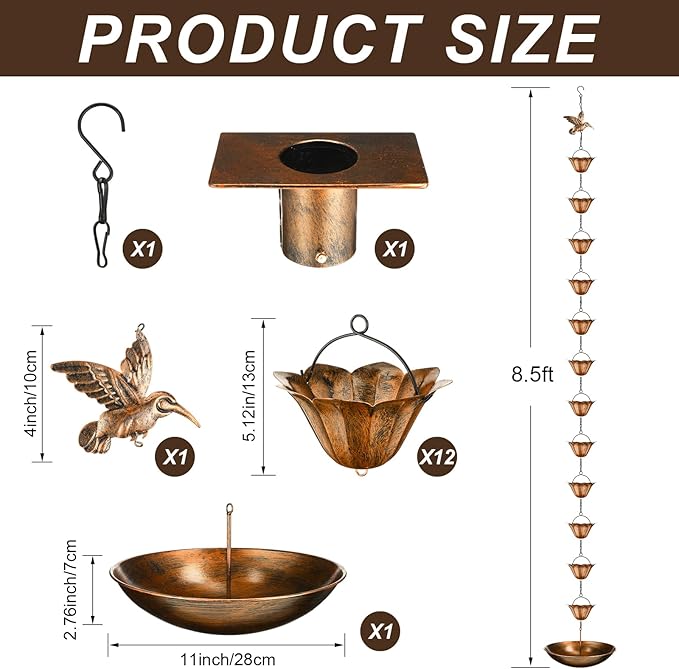 MorningRo Brass 8.5ft Rain Chains for Gutters Outside with Anchor Basin 12 Cups Rain Chain Catcher Downspout Replacement Adjustable Metal Garden Rainwater Divert for Eaves Drainage (Bird)